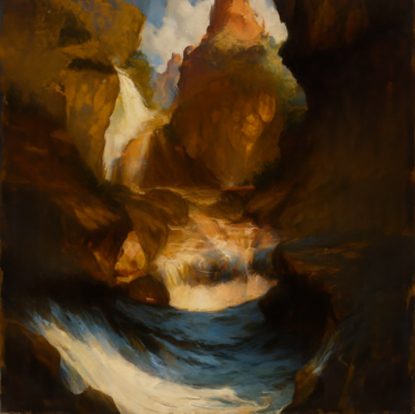 Upright: an oil painting of a canyon waterfall